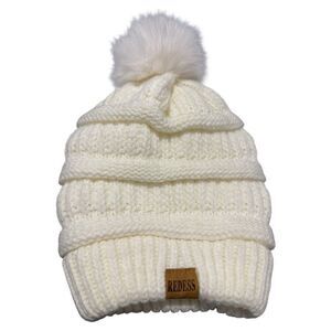 Redess Creamy white (ivory) Knit Beanie Hat with Faux Fur Pom – Soft & Cozy